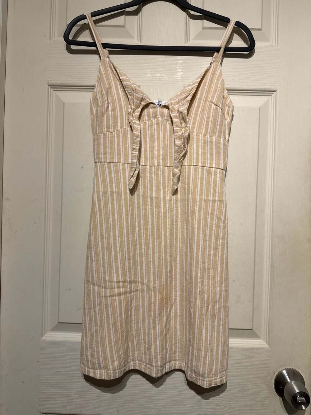 Hollister Mini Dress Size XS Beige White Striped Tie Front Sundress